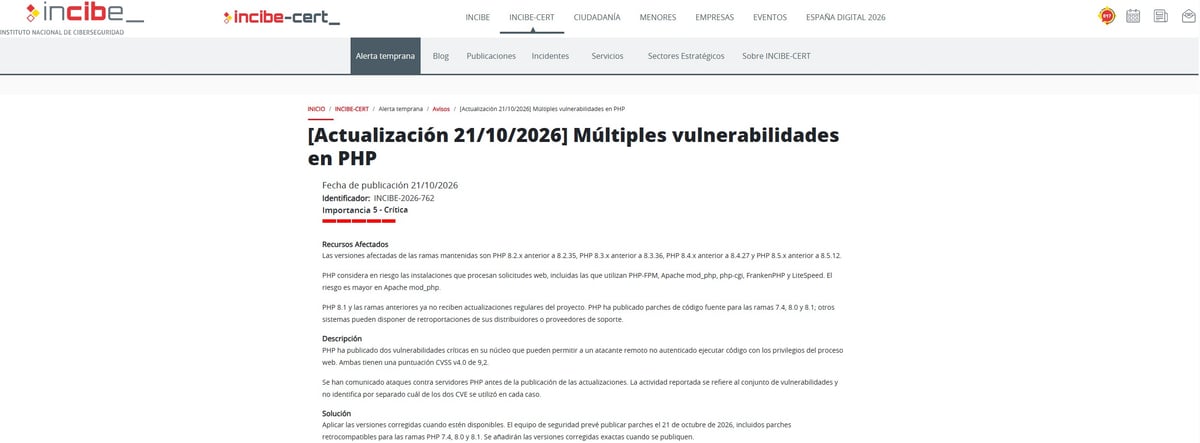 ALERTA CRÍTICA DE CIBERSEGURIDAD: detectadas dos graves vulnerabilidades en PHP que requieren actualización inmediata