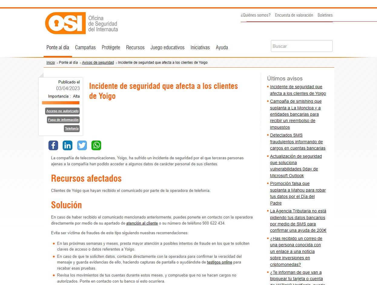 Incidente de seguridad que afecta a los clientes de Yoigo