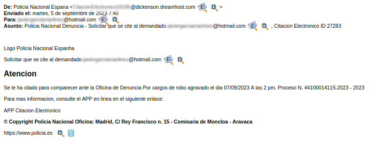 Se muestra un correo el cual ha sido enviado suspuestamente por la policia nacional, el cual inform al usuario que esta citdado por una denuncia por cargos de robo