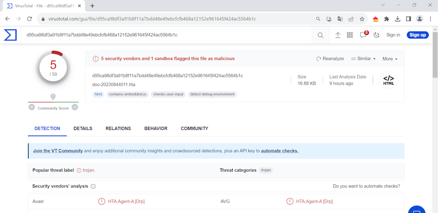 Se muestra la web de virus total donde muestra un resultado del analisis que se ha realizado sobre el fichero malicioso.