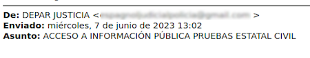 se muestra la cabecera de un correo con el asunto ACCESO A INFORMACION PÚBLICA PRUEBAS ESTATAL CIVIL